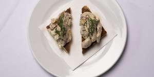 Go-to dish:Brioche toast with confit chicken,mayonnaise and dill.