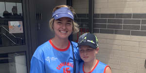 Anna Kiely and son Alex at Auburn Primary School after voting.