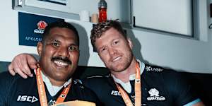 Apolosi Ranawai posing with Matt Philip after winning Super Rugby AUS in 2025.