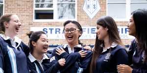 Strathfield Girls'students Annabel Knight,Gina Lee,Jenny Yang,Devika Coleman and Sela Deng were glad to finish the first English exam.