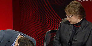 Simon Sheikh collapses on Q&A as Sophie Mirabella looks on.