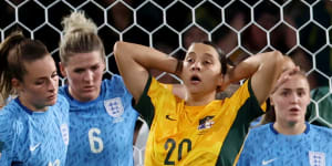 Australia’s Sam Kerr reacts after a missed chance to level the score late in the second half.