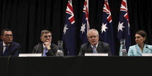 Victorian Premier Daniel Andrews,national Chief Medical Officer Brendan Murphy,Prime Minister Scott Morrison and NSW Premier Gladys Berejiklian at a COAG press conference.
