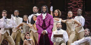 Actor Victory Ndukwe performs with the cast at the Australian premiere of Hamilton. 