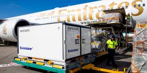 The first vials of the AstraZeneca COVID-19 vaccine arriving at Sydney Airport on Sunday morning.