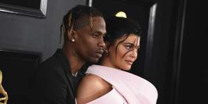 Travis Scott and Kylie Jenner arrive at the 2019 Grammy Awards.