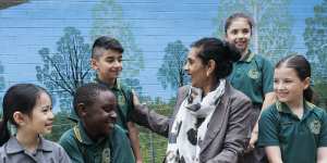 Principal Manisha Gazula with students at Marsden Road Public School in Liverpool.