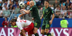Australian stars Aaron Mooy and Tom Rogic in action during the Socceroos’ 1-1 draw with Denmark at Russia 2018.