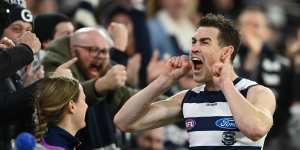 Jeremy Cameron celebrates a goal in Geelong’s qualifying final win over Collingwood.