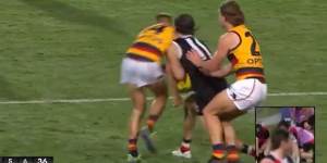 Hunter Clark was left with a broken jaw after this hit to the face from David Mackay in the St Kilda versus Adelaide match. Screengrabs courtesy of the Seven Network