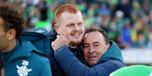 Raiders coach Ricky Stuart hugs his star forward Corey Horsburgh after a win. Stuart’s passion has kept Canberra competitive for years in the NRL.