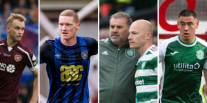 Nathaniel Atkinson,Kye Rowles,Ange Postecoglou,Aaron Mooy and Lewis Miller are part of a big Aussie contingent in the Scottish Premiership this season.