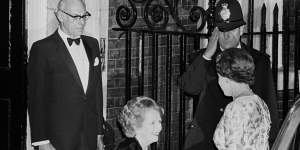 Prime Minister Margaret Thatcher welcomes the Queen to 10 Downing Street in 1985.
