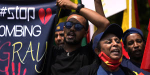 Members of the Tigrayan community protest against the conflict between Ethiopia and Tigray rebels in Ethiopia’s Tigray region,outside the the United Arab Emirates embassy in Pretoria,South Africa last month.