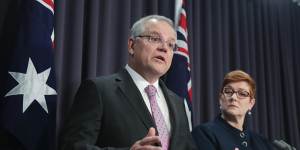 Prime Minister Scott Morrison and Minister for Foreign Affairs Marise Payne address the media during a press conference on Australia's embassy in Israel,at Parliament House in Canberra.