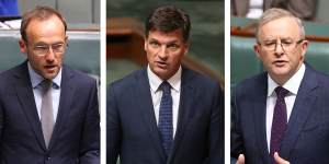 Composite:Left:Greens lader Adam Bandt. Middle:Angus Taylor,Minister for Energy and Emissions Reduction. Alex Ellinghausen. Right:Labor leader Anthony Albanese. 