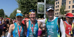 With colleagues Professor Georgina Long and Dr Robert Rawson at the World Triathlon Championships in Lausanne,Switzerland,in 2019.