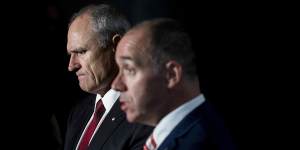 Then-NAB chairman Ken Henry (left) and Andrew Thorburn at the bank’s annual general meeting in 2018.