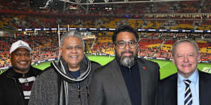Prime Minister of Papua New Guinea James Marape,Prime Minister of Samoa Laʻauli Leuatea Schmidt,Prime Minister of Tonga Fatafehi Fakafānua (third from left) and Australian Prime Minister Anthony Albanese attended the State of Origin together this week. 
