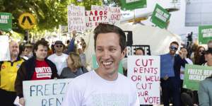 Max Chandler-Mather,the Greens spokesperson for housing,during a rally in front of Labor Party conference.