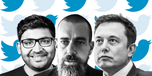 Twitter chief executive Parag Agrawal (left) is managing a company through the turbulence of a purchase by Elon Musk (right) that was welcomed by co-founder Jack Dorsey (centre).