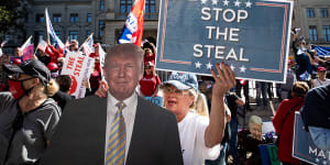 Demonstrators gather during a"Stop The Steal"rally outside of the Georgia State Capitol in Atlanta on Saturday.