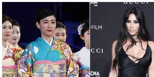 A woman wears a traditional kimono in Fukuoka,Japan,left,and Kim Kardashian West whose appropriation of the word for use in lingerie has people in Japan disappointed.