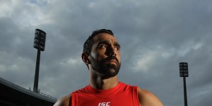  Adam Goodes posing after a training session in September 2012.