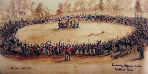 A contemporary sketch by Charles Doudiet shows the Eureka rebels swearing allegiance to the flag of the Southern Cross at Bakery Hill in Ballarat. 