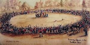 A contemporary sketch by Charles Doudiet shows the Eureka rebels swearing allegiance to the flag of the Southern Cross at Bakery Hill in Ballarat.