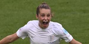Ella Toone celebrates scoring for England.