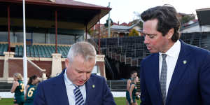 Tasmanian Premier Jeremy Rockliff and AFL CEO Gillon McLachlan at the new announcement of the new team.