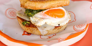 Egg and cheese muffin with goat’s gouda,shallot chimichurri and jalapeno relish.