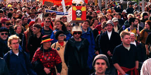 Jabiluka was developed and prepared for mining before work was stopped,following huge backlash,including this rally in Melbourne in 1999.