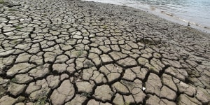 A dried riverbed is exposed after the water level dropped in the Yangtze River in Yunyang county.