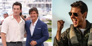 Miles Teller and Tom Cruise attend a cast photo call for ‘Top Gun:Maverick’ during the 75th annual Cannes film festival at Palais des Festivals;Tom Cruise as Maverick.