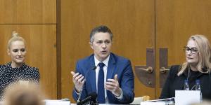 Education Minister Jason Clare addresses a teacher workforce roundtable at Parliament House.