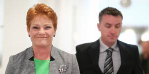 Pauline Hanson and James Ashby in the press gallery at Parliament House.