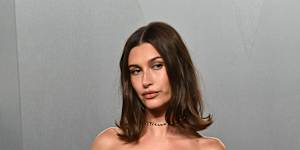 Hailey Bieber arrives at the Vanity Fair Oscar Party.