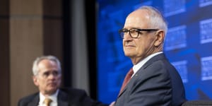 Ross Garnaut (right) at the National Press Club in Canberra in February. 
