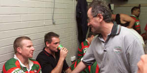 Denton meets players from his beloved South Sydney Rabbitohs rugby league team.