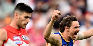  Joe Daniher of the Lions celebrates kicking a goal in the final minutes during the AFL Grand Final match between Sydney Swans and Brisbane Lions at Melbourne Cricket Ground,on September 28,2024,in Melbourne,Australia