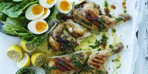 Easy Easter:Barbecued butterflied chicken and eggs.