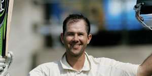 Ponting in full flight during his cricket career:celebrating a Test hundred against South Africa in 2006.