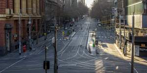 Empty Bourke Street on the eve of Melbourne’s stage four lockdown in August,2020.