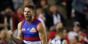 Marcus Bontempelli revels in the moment after booting a goal against St Kilda earlier in the season.