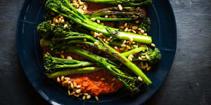 Spanish-inspired vegie side:Roasted broccolini with romesco.