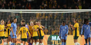 The Matildas celebrate victory during the International Friendly match at Marvel Stadium.