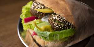 A two-hander of pocket bread stuffed with crunchy falafel,lettuce,pickles and cucumber. 