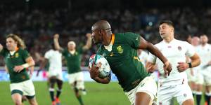 Makazole Mapimpi breaks through to score his team's first try during any World Cup final.